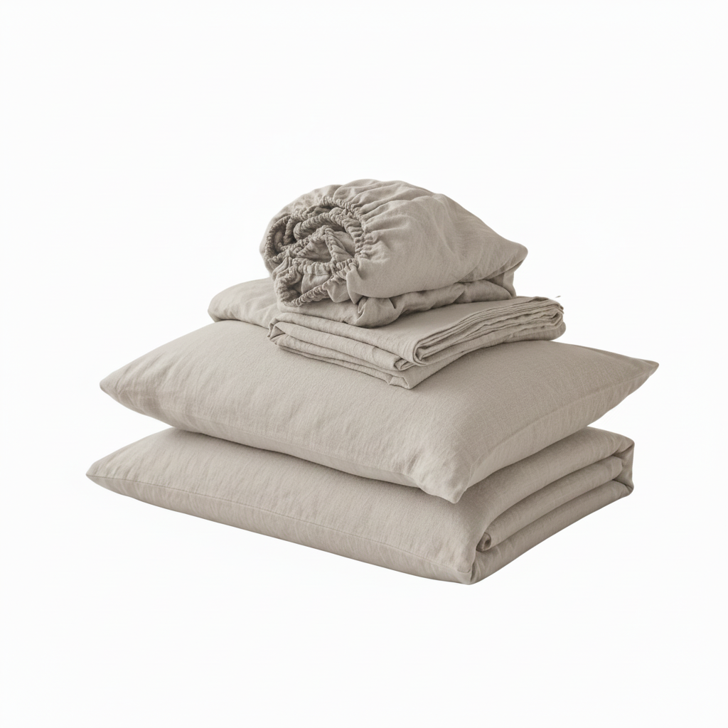 A stack of folded beige bedding, including a pillowcase, sheet, and a rolled fabric piece, displayed on a white bed in a softly lit bedroom setting.